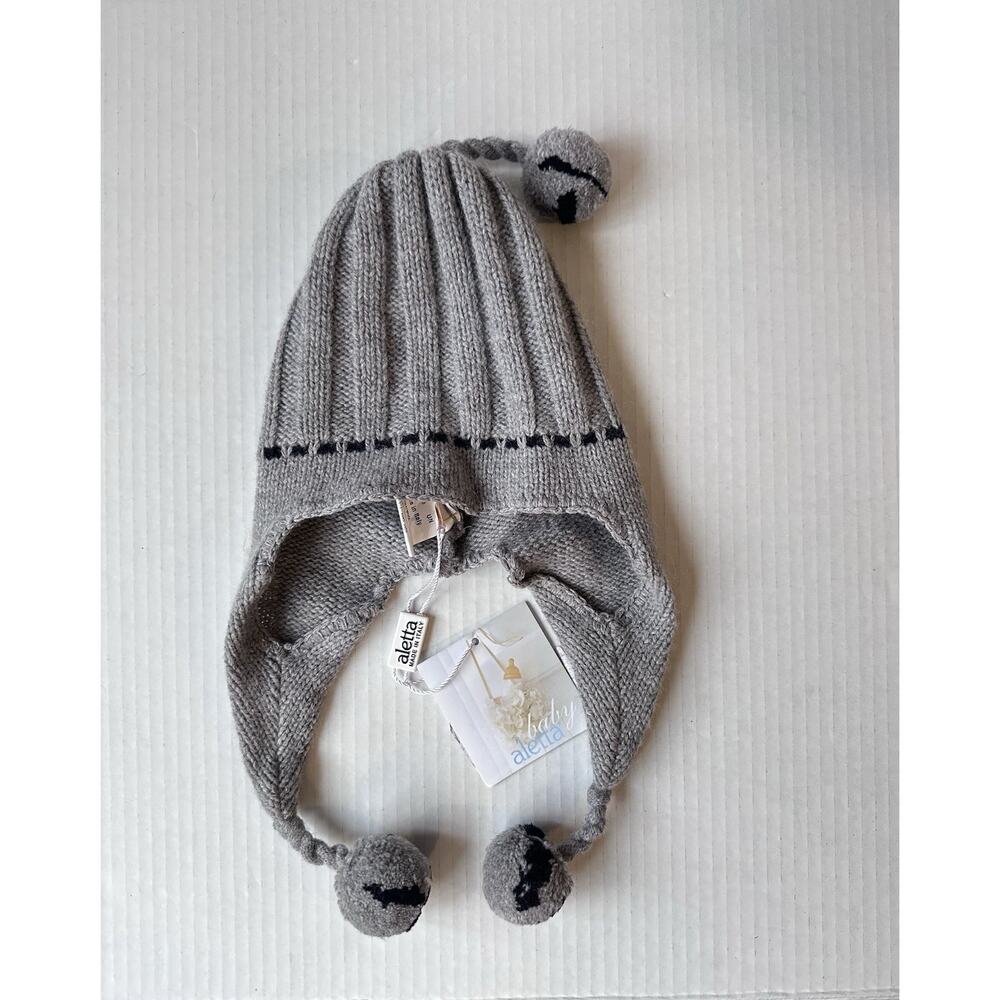 Aletta boy's gray wool knit hat with earflaps pom-poms size 12 month Made Italy